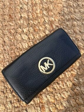 Michael Kors Black Leather Continental Wallet with Gold MK Emblem